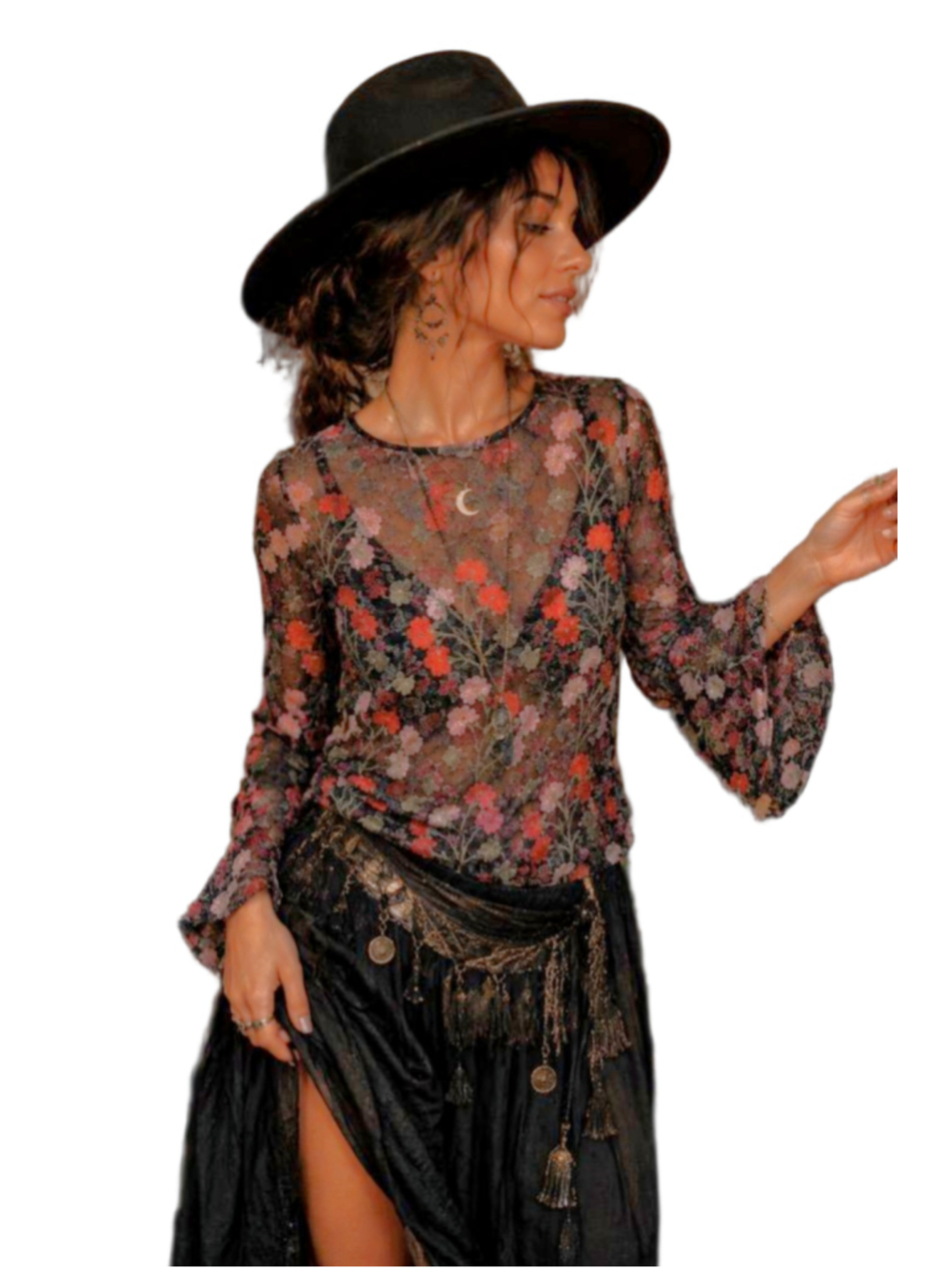 Solitaire Sheer Floral Embroidered Bell Sleeve Tunic Blouse - S/M